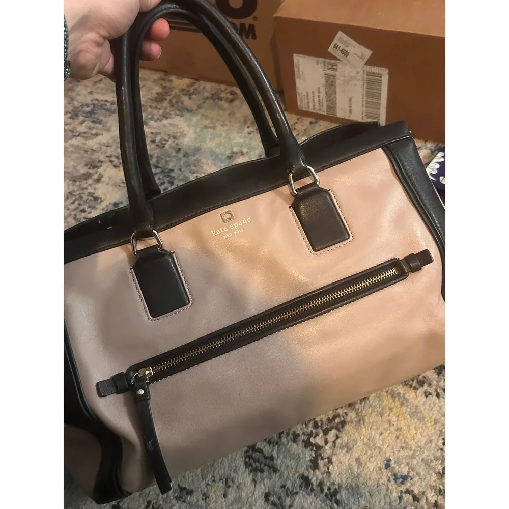 Kate Spade‎ New York Two Tone Leather Satchel Bag Beige Black Striped Lining